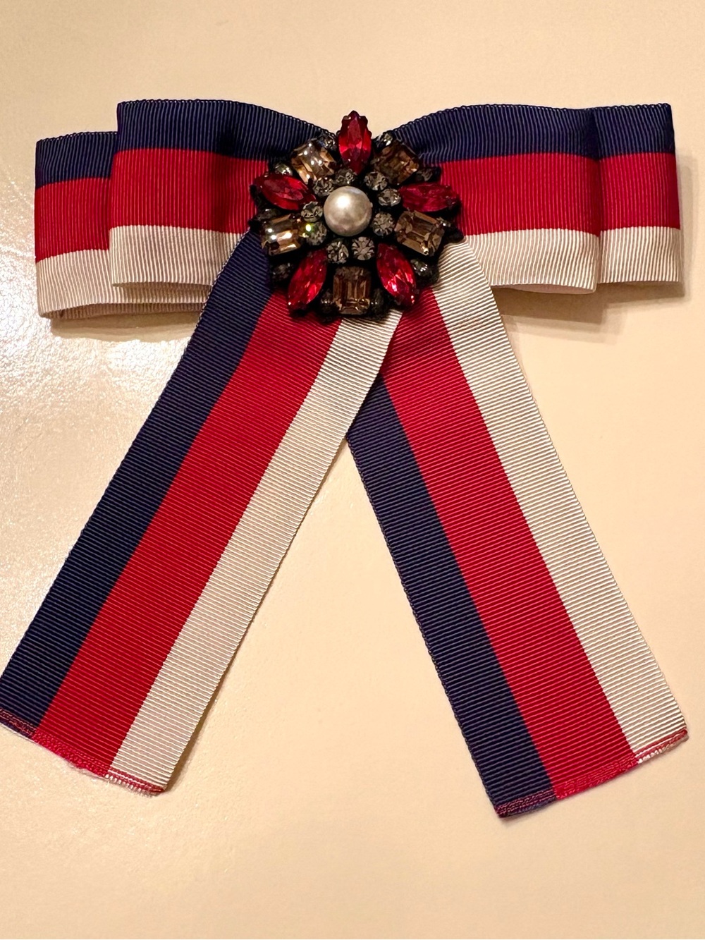 Gucci Web Grosgrain Bow Brooch Red White Blue Bee Medallion Alessandro Michele